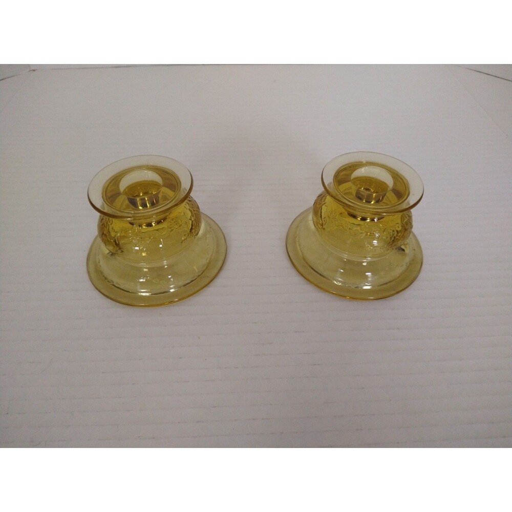 Set of 2 Vintage FEDERAL GLASS Madrid Amber Yellow Single Light Candlesticks